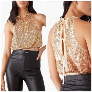 NWT Free People Lights Out Sequin Halter Top Neutral Combo XS